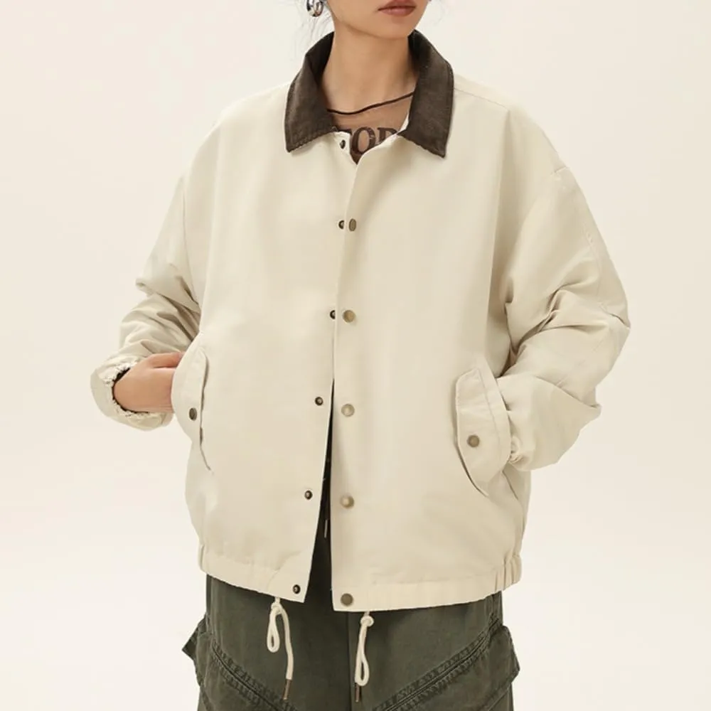 Women's Barn Jacket Button Down Contrast Collar Lightweight Oversized Utility Vintage Bomber Coat with Pockets