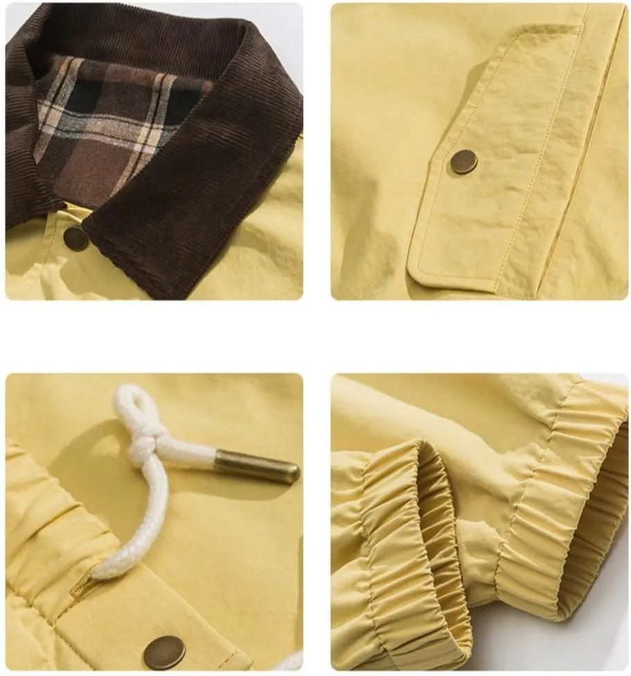 Women's Barn Jacket Button Down Contrast Collar Lightweight Oversized Utility Vintage Bomber Coat with Pockets