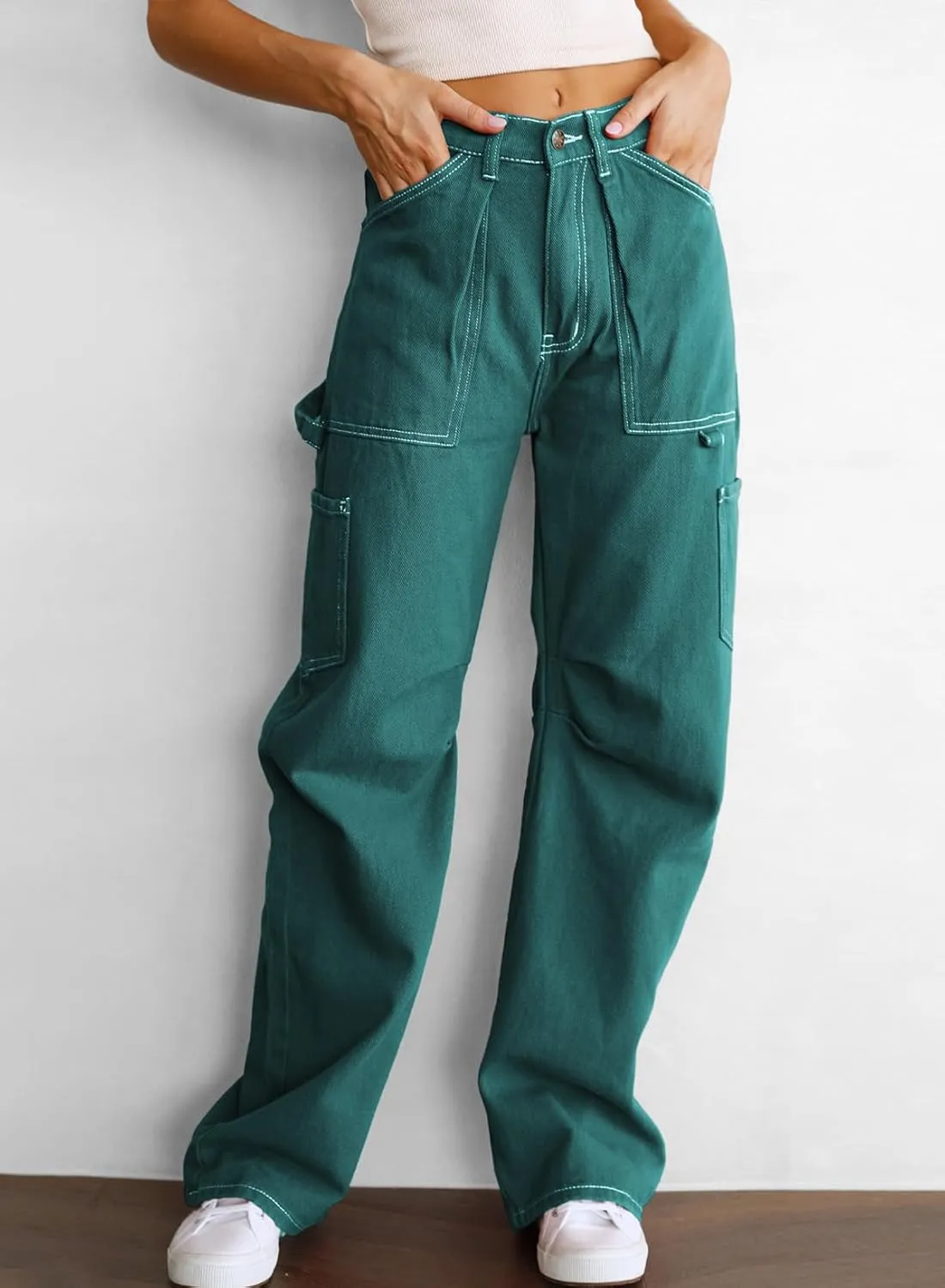 Women's High Waist Baggy Cargo Jeans Flap Pocket Relaxed Fit Straight Wide Leg Y2K Fashion Cargo Pants Boyfriend Jeans