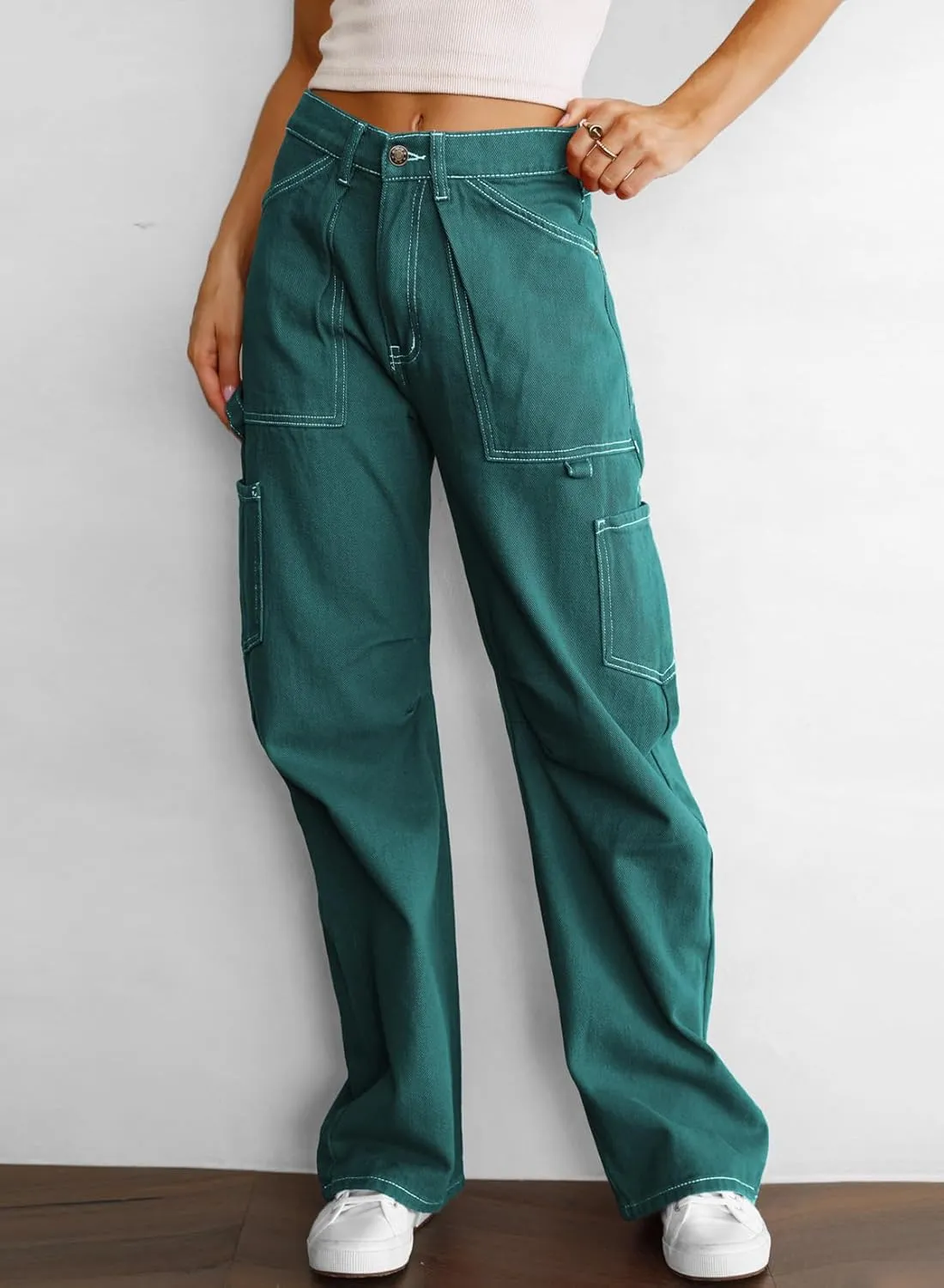 Women's High Waist Baggy Cargo Jeans Flap Pocket Relaxed Fit Straight Wide Leg Y2K Fashion Cargo Pants Boyfriend Jeans