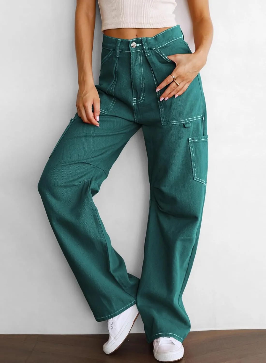 Women's High Waist Baggy Cargo Jeans Flap Pocket Relaxed Fit Straight Wide Leg Y2K Fashion Cargo Pants Boyfriend Jeans
