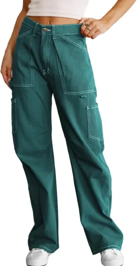 Women's High Waist Baggy Cargo Jeans Flap Pocket Relaxed Fit Straight Wide Leg Y2K Fashion Cargo Pants Boyfriend Jeans
