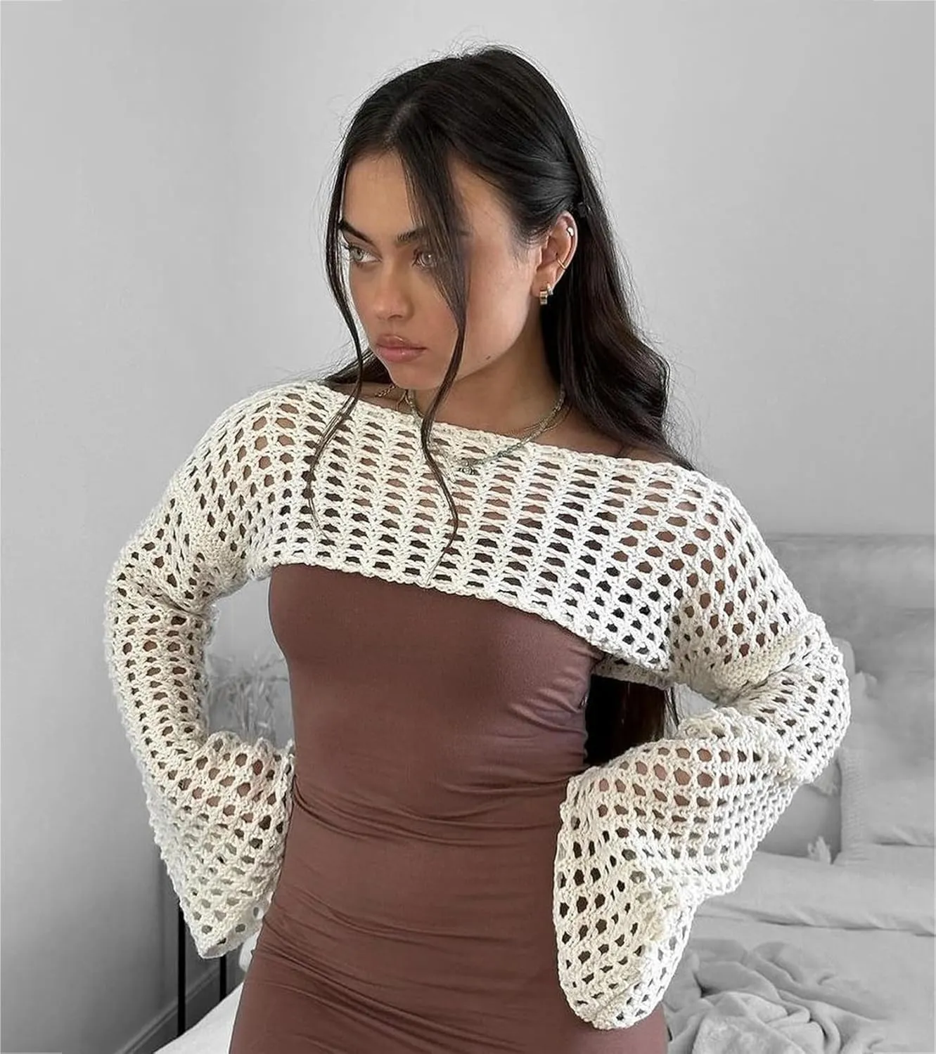 Women's Mesh Crochet Crop Tops Shrugs Sexy Y2k Hollow Out Cropped Knit Sweater See Through Bikini Cover Ups