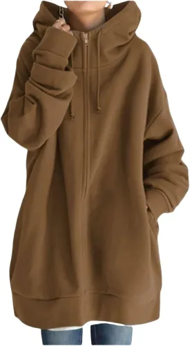 Womens Oversized Long Hoodies Zip Up Jacket Cowl Neck Long Sleeve Sweatshirt Fleece Loose Fit Fall Clothes