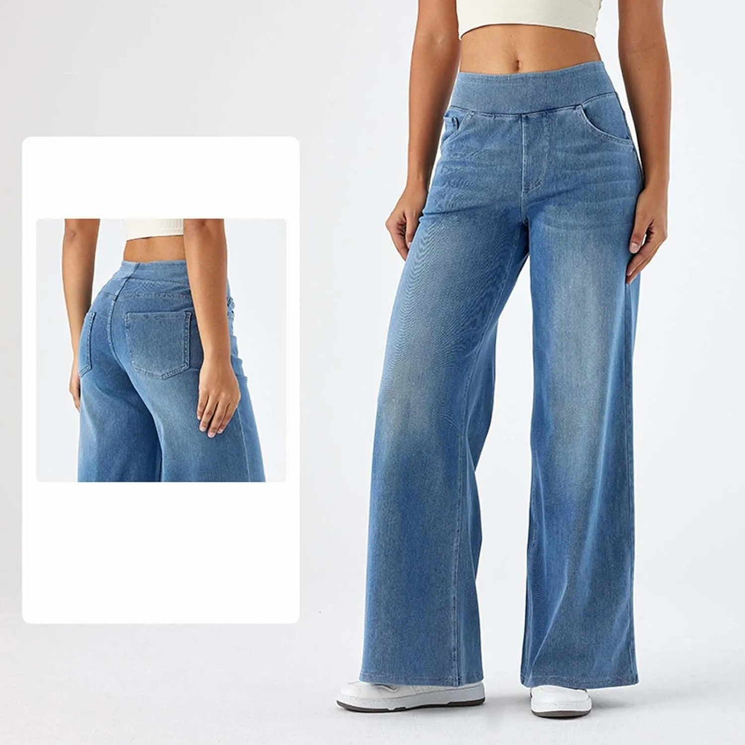 Womens Stretchy Wide Leg Jeans Mid Rise Elastic Waist Jeans Baggy Loose Denim Pants Oversized Trendy Casual Trousers