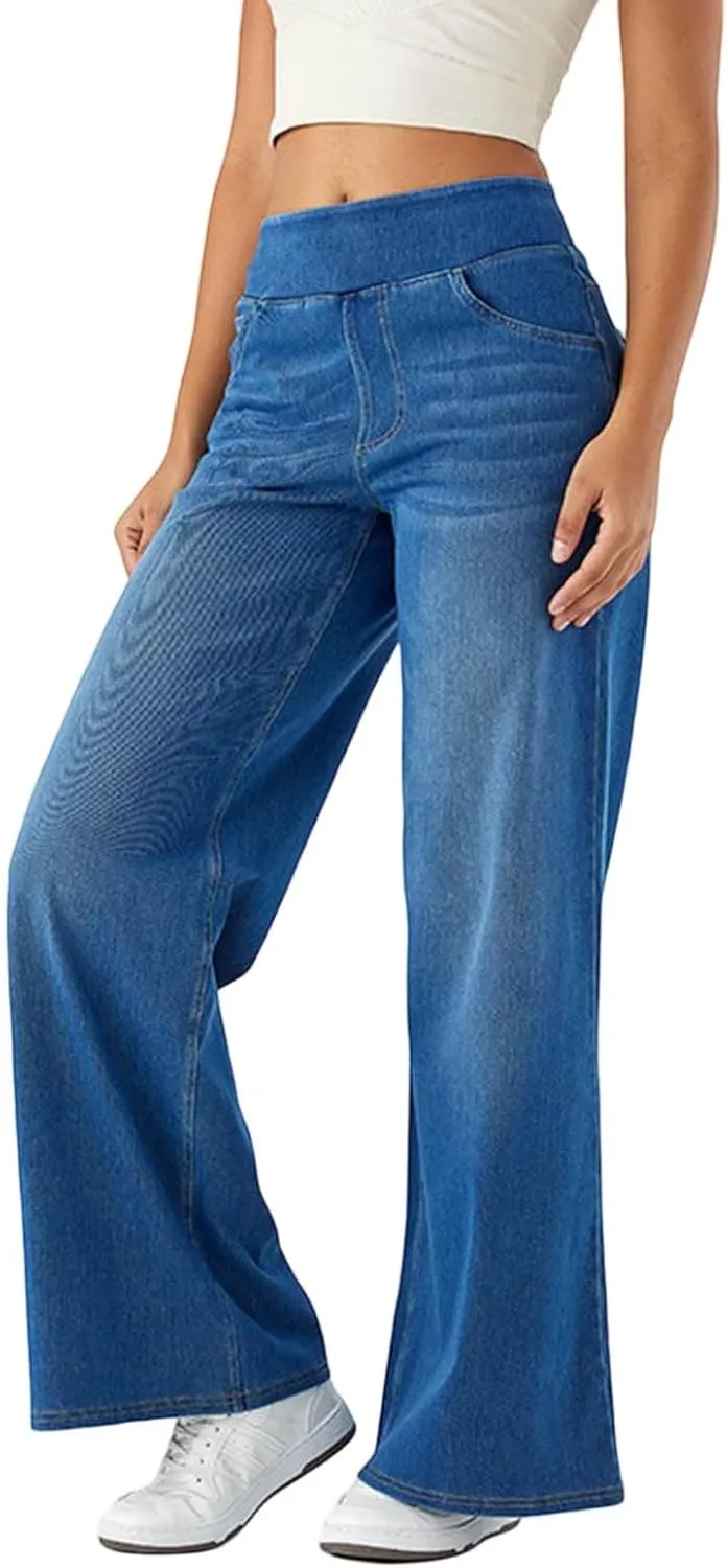 Womens Stretchy Wide Leg Jeans Mid Rise Elastic Waist Jeans Baggy Loose Denim Pants Oversized Trendy Casual Trousers