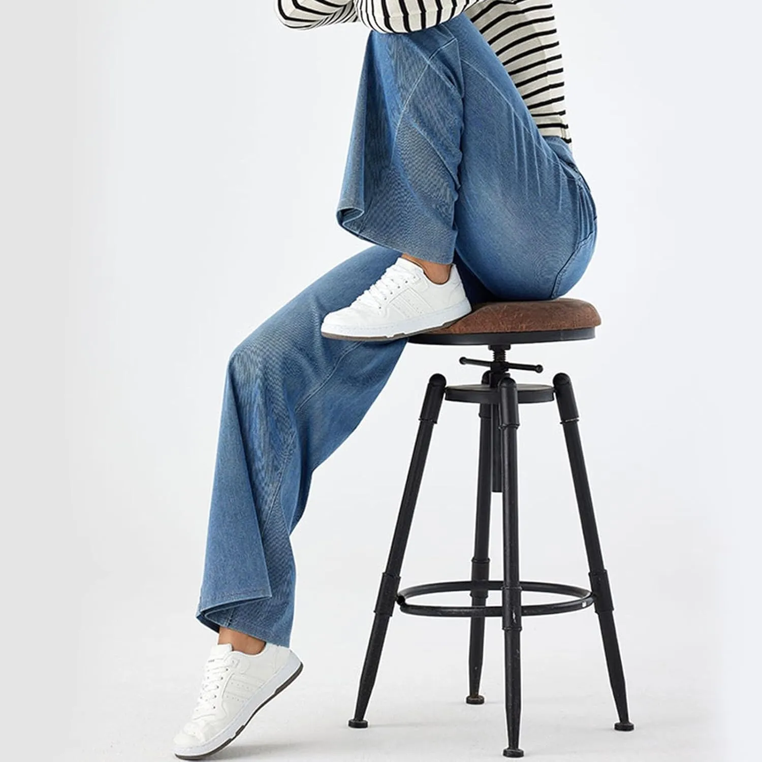 Womens Stretchy Wide Leg Jeans Mid Rise Elastic Waist Jeans Baggy Loose Denim Pants Oversized Trendy Casual Trousers