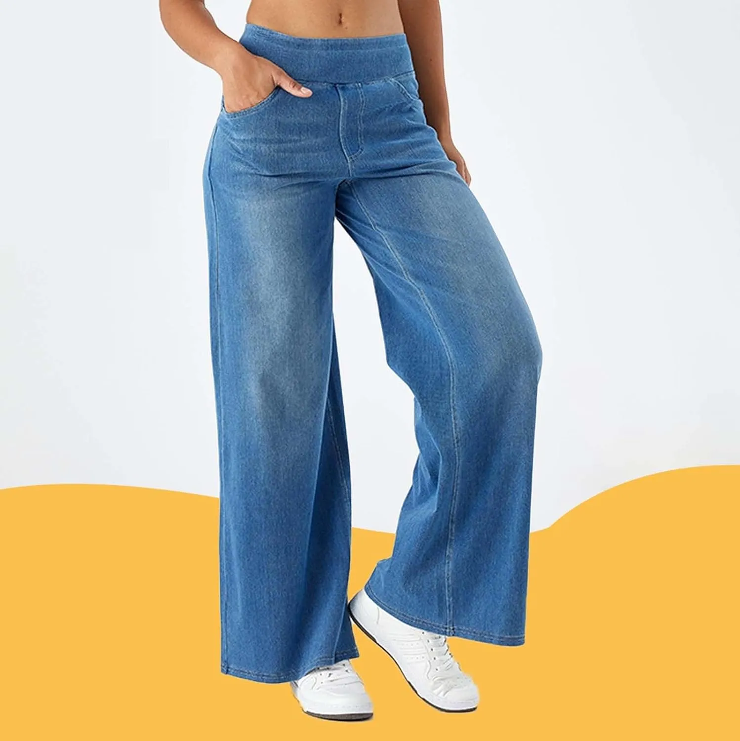 Womens Stretchy Wide Leg Jeans Mid Rise Elastic Waist Jeans Baggy Loose Denim Pants Oversized Trendy Casual Trousers