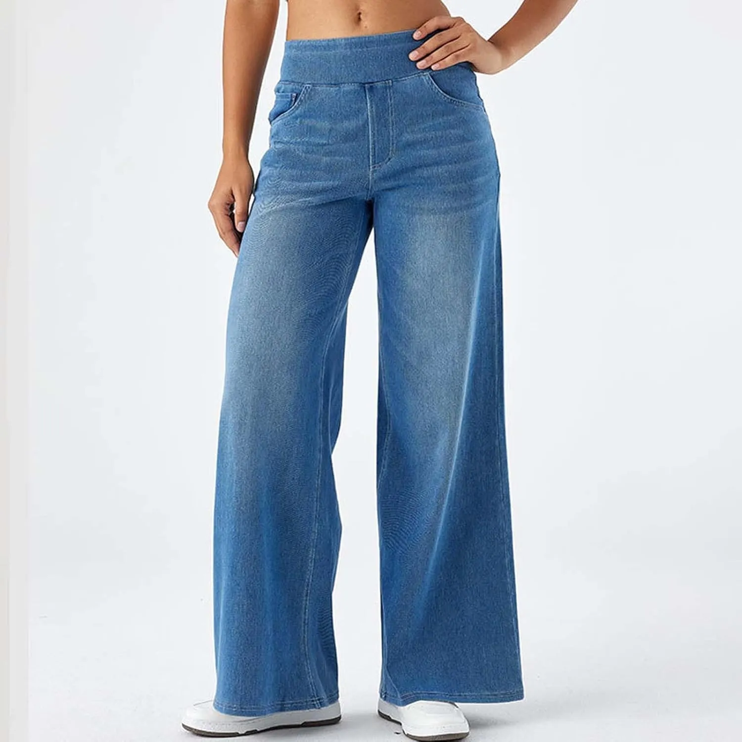 Womens Stretchy Wide Leg Jeans Mid Rise Elastic Waist Jeans Baggy Loose Denim Pants Oversized Trendy Casual Trousers