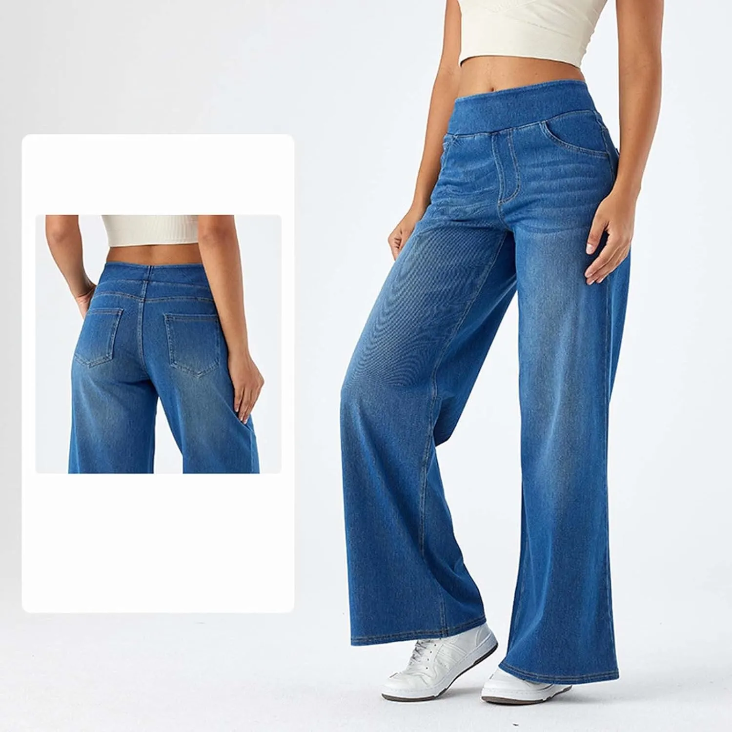 Womens Stretchy Wide Leg Jeans Mid Rise Elastic Waist Jeans Baggy Loose Denim Pants Oversized Trendy Casual Trousers