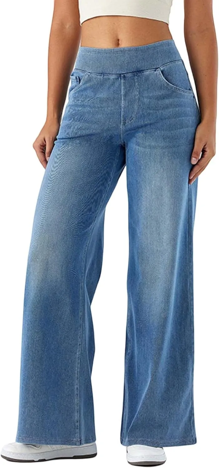 Womens Stretchy Wide Leg Jeans Mid Rise Elastic Waist Jeans Baggy Loose Denim Pants Oversized Trendy Casual Trousers