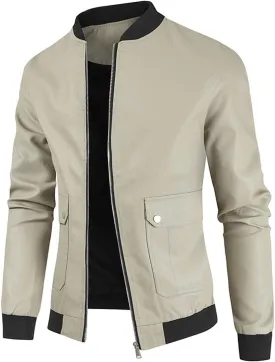 Zeiyignr Men's Faux Leather Varsity Jacket Vintage Lightweight Leather Bomber Jackets Casual Zip Up Motorcycle Jackets Coats