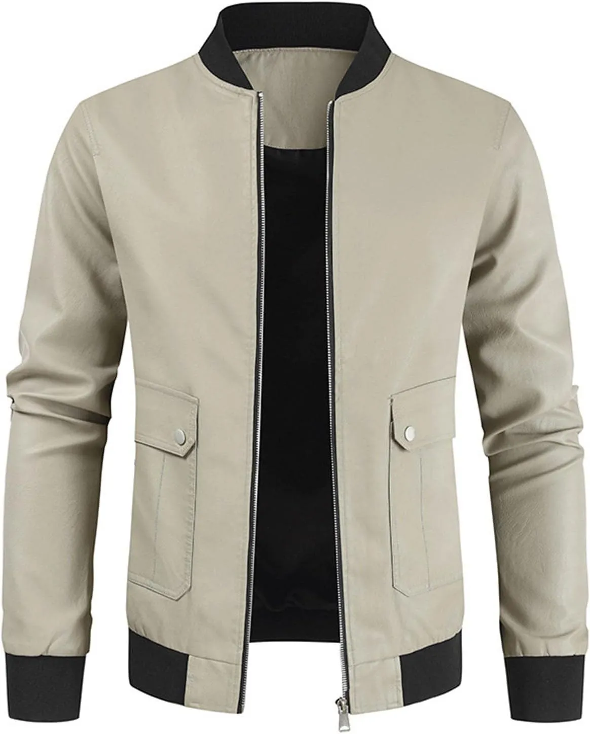 Zeiyignr Men's Faux Leather Varsity Jacket Vintage Lightweight Leather Bomber Jackets Casual Zip Up Motorcycle Jackets Coats